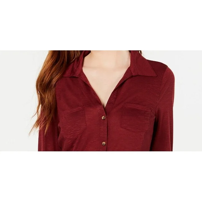 Button-Up ShirtsCrave Fame Juniors' Roll-Sleeve Button-Front Shirt Dark Red Size Small