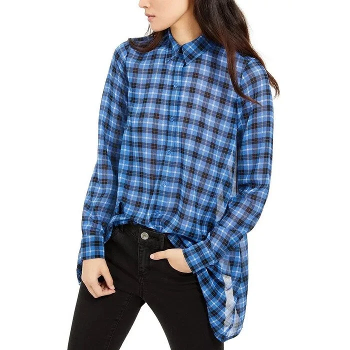 Leather-Paneled ShirtsMICHAEL Michael Kors Women's Plaid Button-Up Shirt Blue Size XS - X-Small