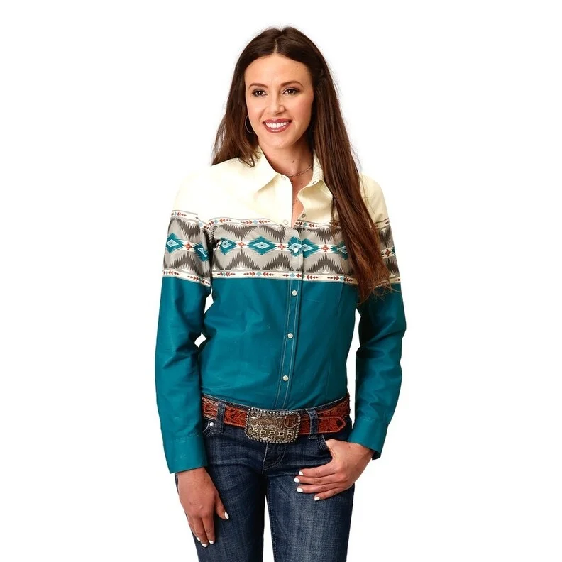 Hooded ShirtsRoper Western Shirt Womens L/S Aztec Snap Blue 03-050-0431-0609 BU