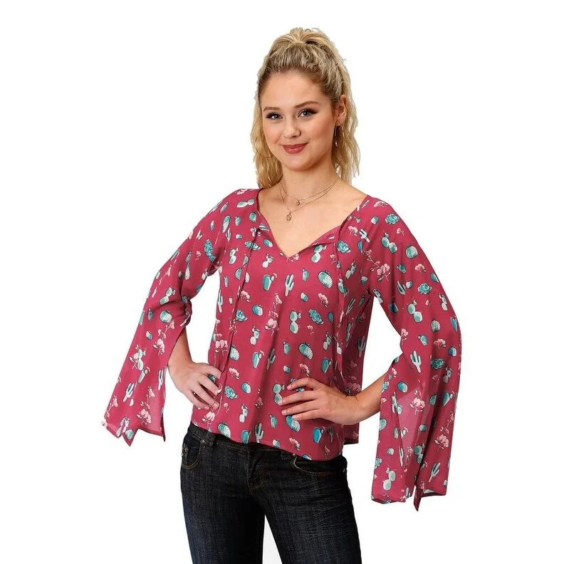 Asymmetrical ShirtsRoper Western Shirt Womens L/S Cactus Print Red 03-050-0590-4026 RE