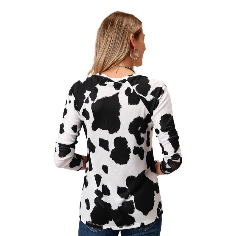 Relaxed Fit ShirtsRoper Western Shirt Womens L/S Cow Print White 03-038-0514-7006 WH