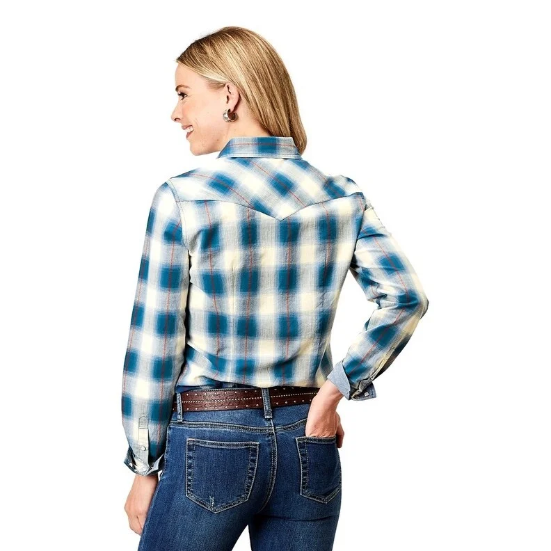 Relaxed Fit ShirtsRoper Western Shirt Womens L/S Dobby Plaid Blue 03-050-0062-0313 BU