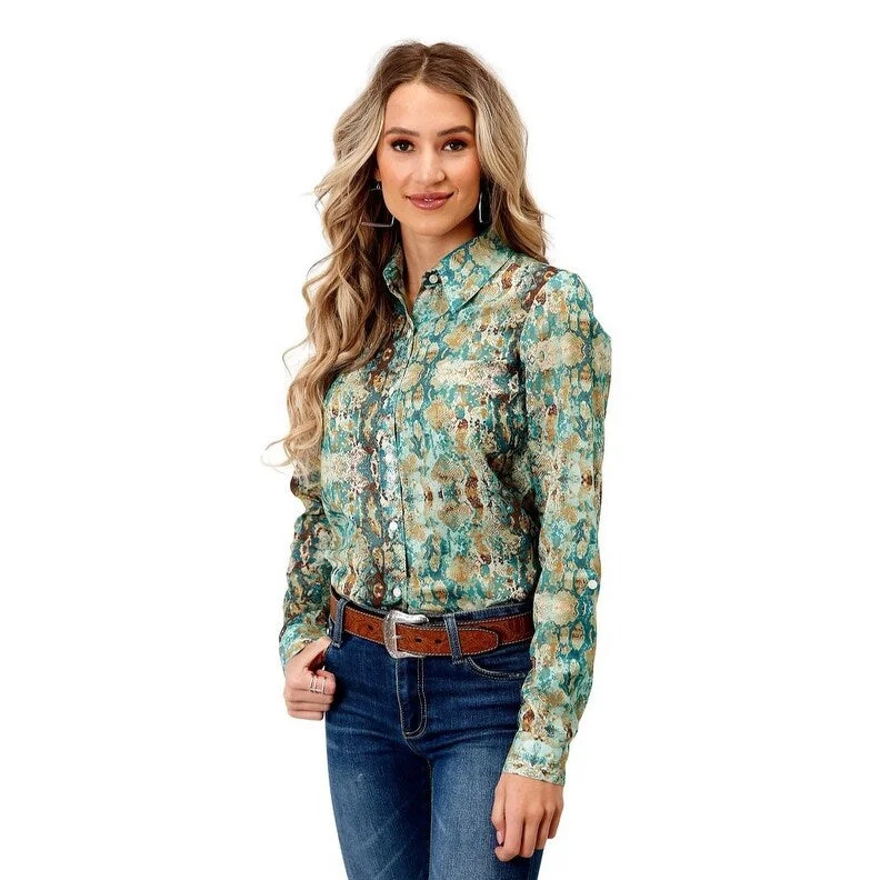 Lace-Up ShirtsRoper Western Shirt Womens L/S Snake Print Teal 03-050-0590-7088 GR