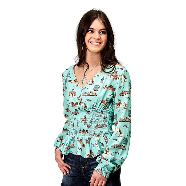 Asymmetrical ShirtsRoper Western Shirt Womens Peplum L/S Desert Blue 03-050-0590-2013 BU