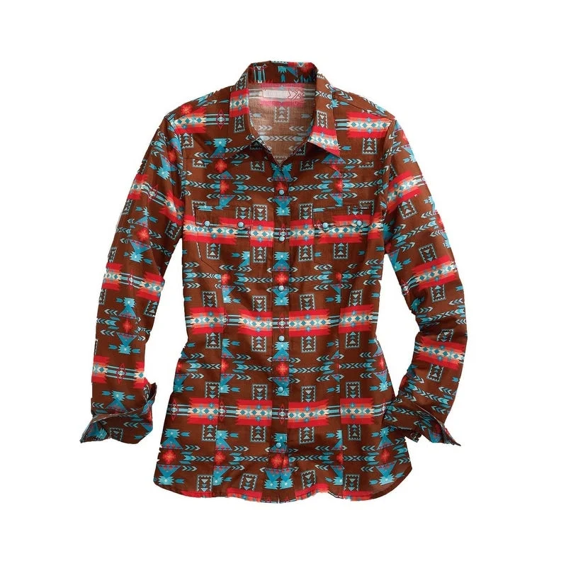 Rayon ShirtsTin Haul Western Shirt Women L/S Aztec Print Brown 10-050-0064-0723 BR