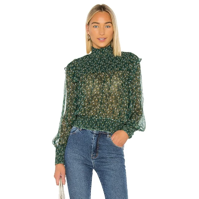 Free People Women's Green Printed Long Sleeve Mandarin Collar Peplum Green Size Small