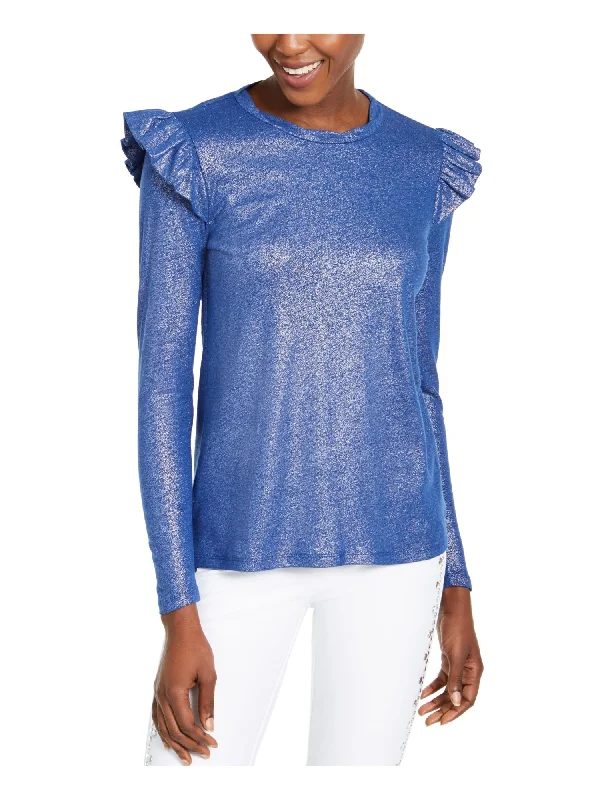 Michael Kors Women's  Ruffled Metallic Long Sleeve Jewel Neck Top Blue Size Large