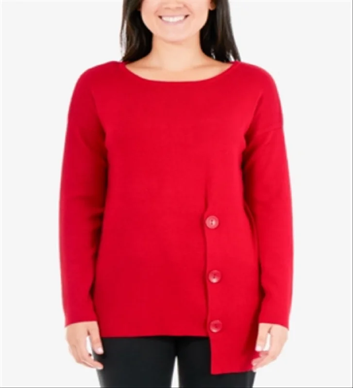 NY Collection Women's Solid Long Sleeve Jewel Neck Blouse Top Red Size Petite Medium