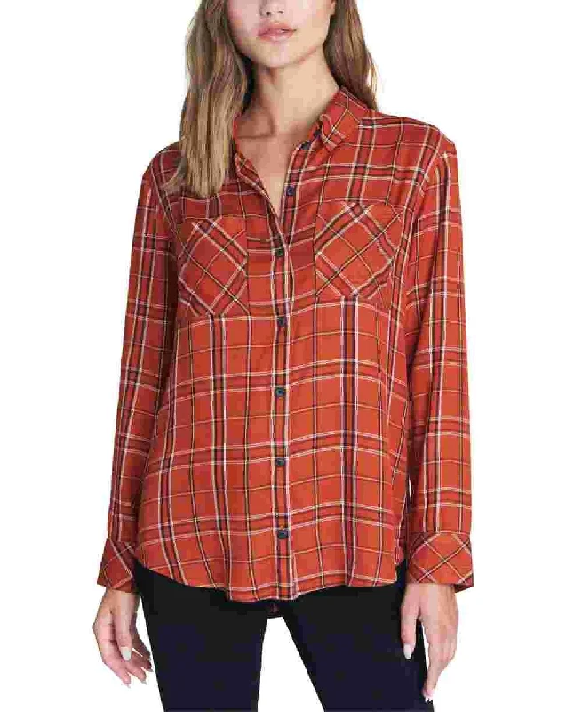 Sanctuary Women's Plaid Long Sleeve Collared Button Up Top Orange Size X-Small