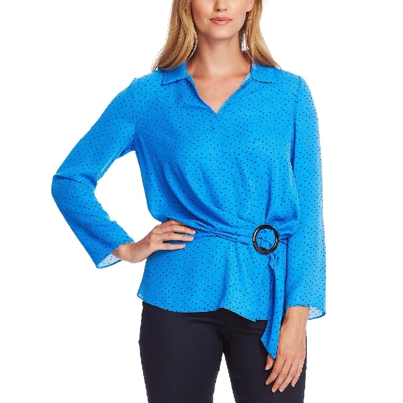 Vince Camuto Women's Ditsy Fragments Long Sleeve Belted Top Size Blue Size Small