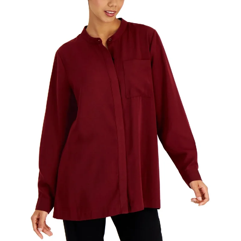 Alfani Womens Collarless Long Sleeve Button-Down Top