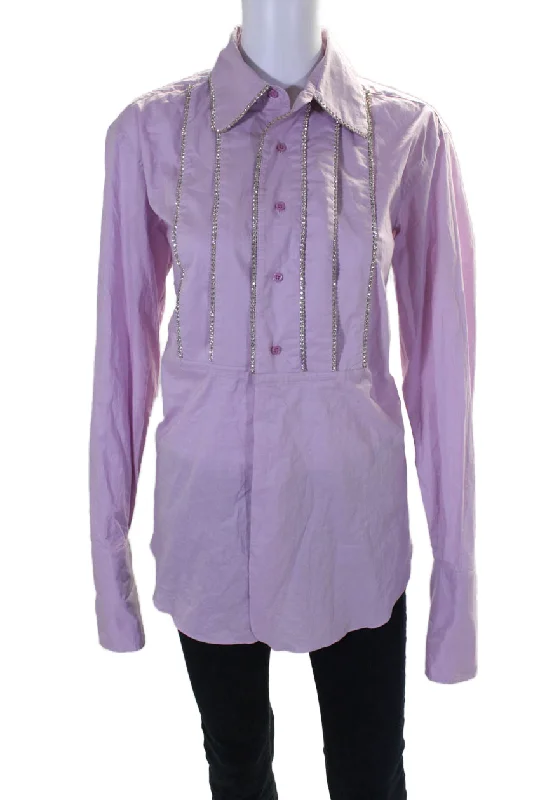 Area Womens Cotton Jeweled Trimmed Buttoned Long Sleeve Blouse Pink