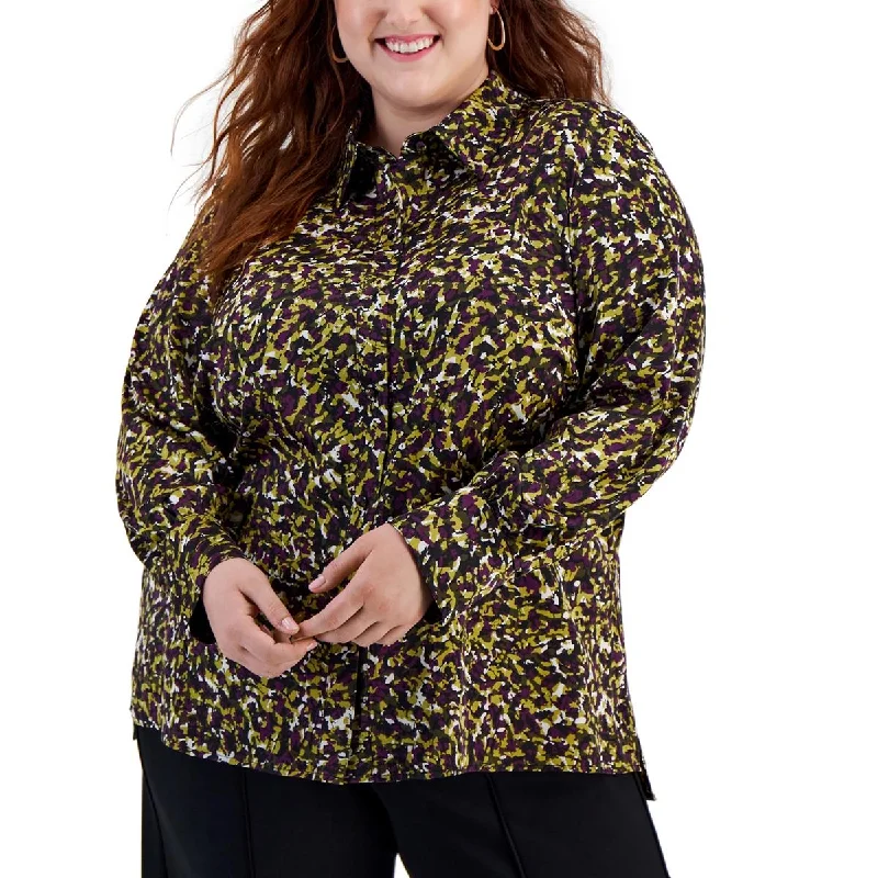 Bar III Womens Plus Printed Long Sleeve Button-Down Top