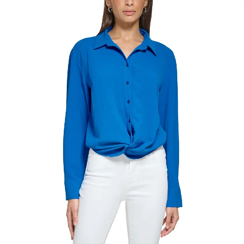 Calvin Klein Womens Twist Hem Long Sleeve Button-Down Top