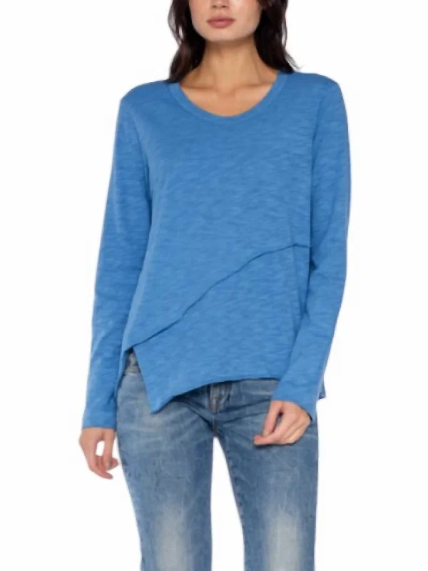 Crew Long Sleeve Easy Crossover Raw Hem Top In China Blue