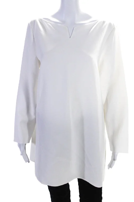 Lafayette 148 New York Womens Round Neck Long Sleeve Zipped Blouse White