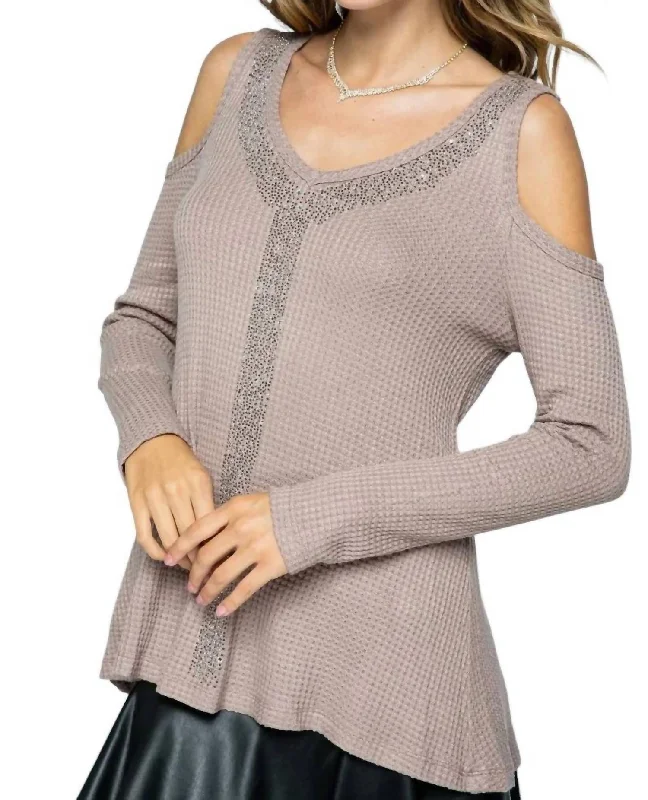 Long Sleeve Cold Shoulder Stud Detail Top In Mocha