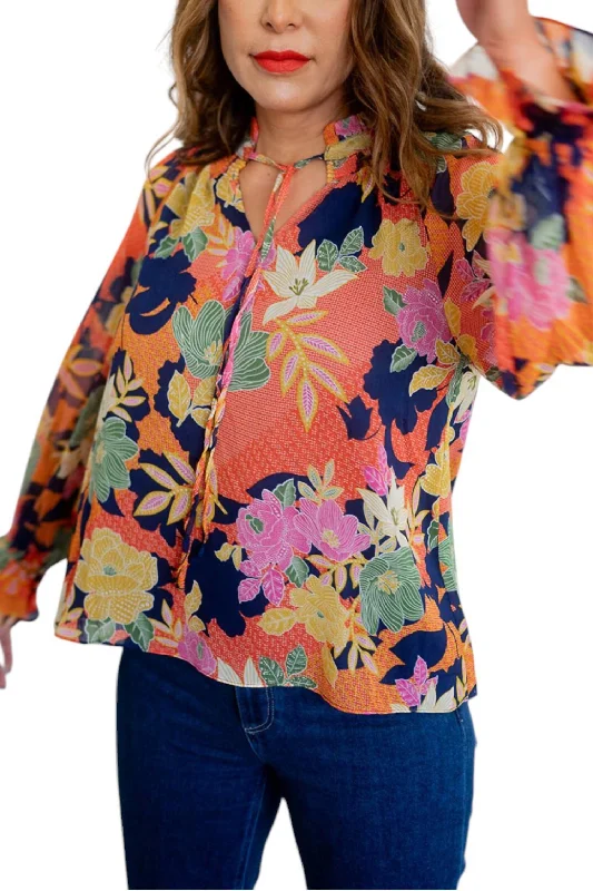 Long Sleeve Tie Neck Floral Print Top In Blue, Multi