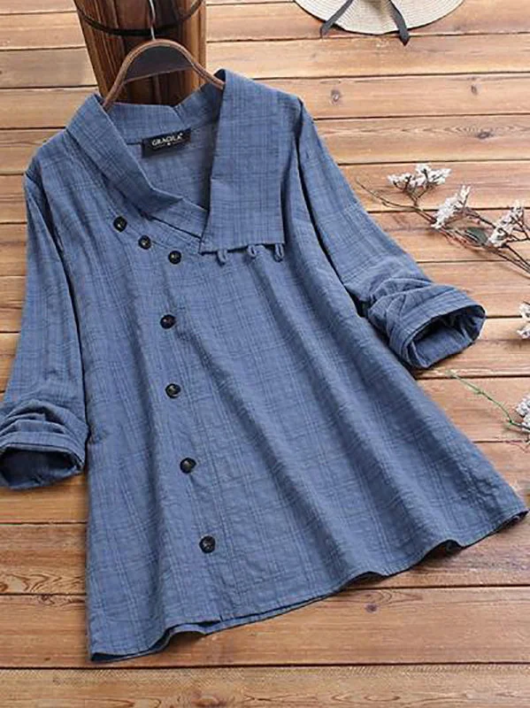 Women Button Plaid Print Lapel Long Sleeve Blouse