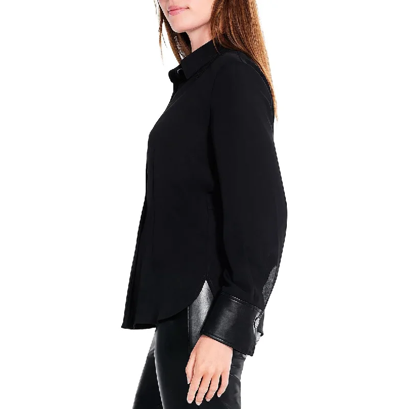 Nic + Zoe Womens Faux Leather Trim Long Sleeve Button-Down Top