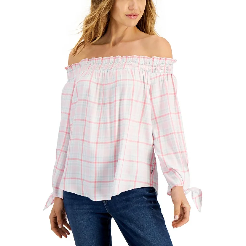 Tommy Hilfiger Womens Long Sleeve Plaid Off The Shoulder