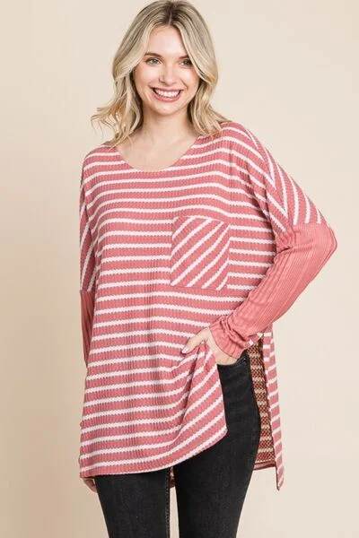 Oversize Striped Round Neck Long Sleeve Slit T-Shirt