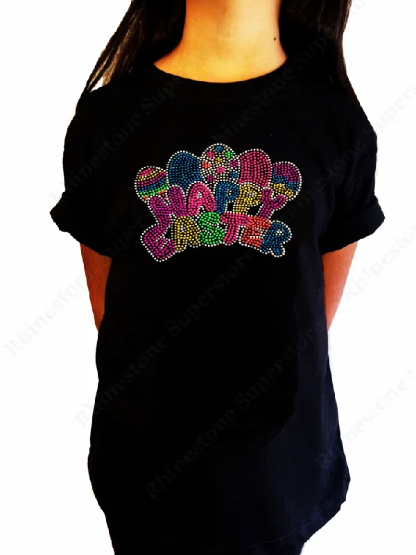 Girls Rhinestone &  Rhinestud T-Shirt " Neon Happy Easter Eggs " Size 3 to 14 Available