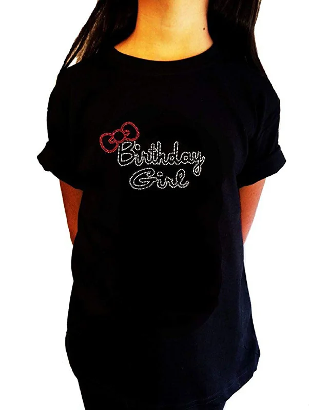 Girls Rhinestone T-Shirt " Birthday Girl with Red Bow " Size 3 to 14 Available