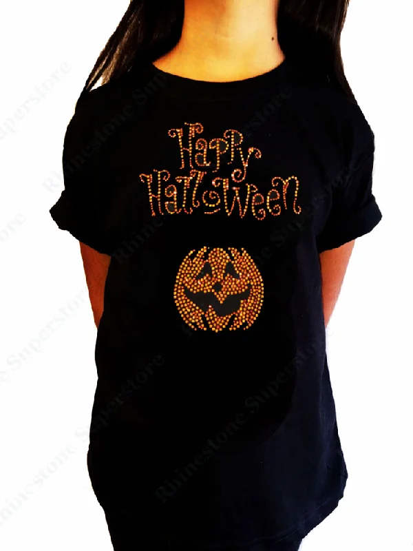 Girls Rhinestone T-Shirt " Happy Halloween w/ Pumpkin " Kids Size 3 to 14 Available