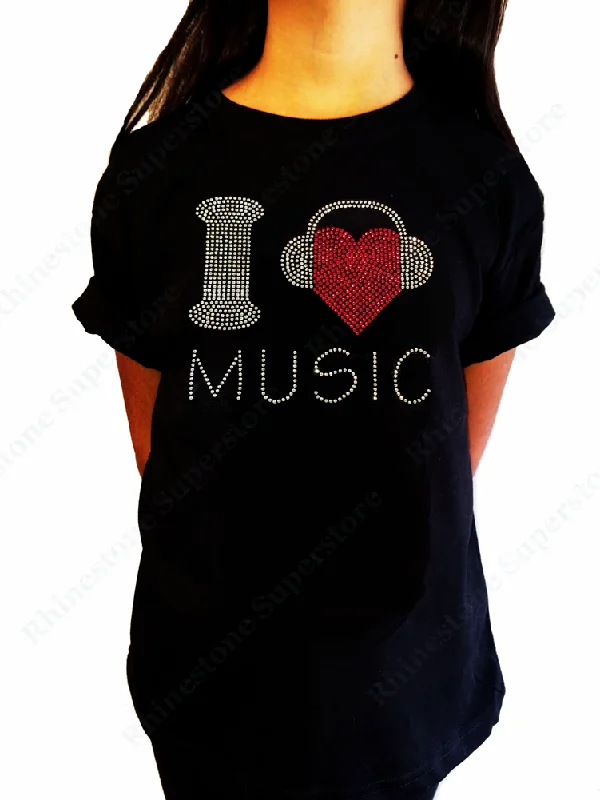 Girls Rhinestone T-Shirt " I Love Music with Headphones " Size 3 to 14 Available