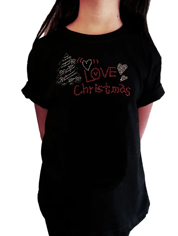 Girls Rhinestone T-Shirt " Love Christmas with Tree in Rhinestones " Kids Size 3 to 14 Available