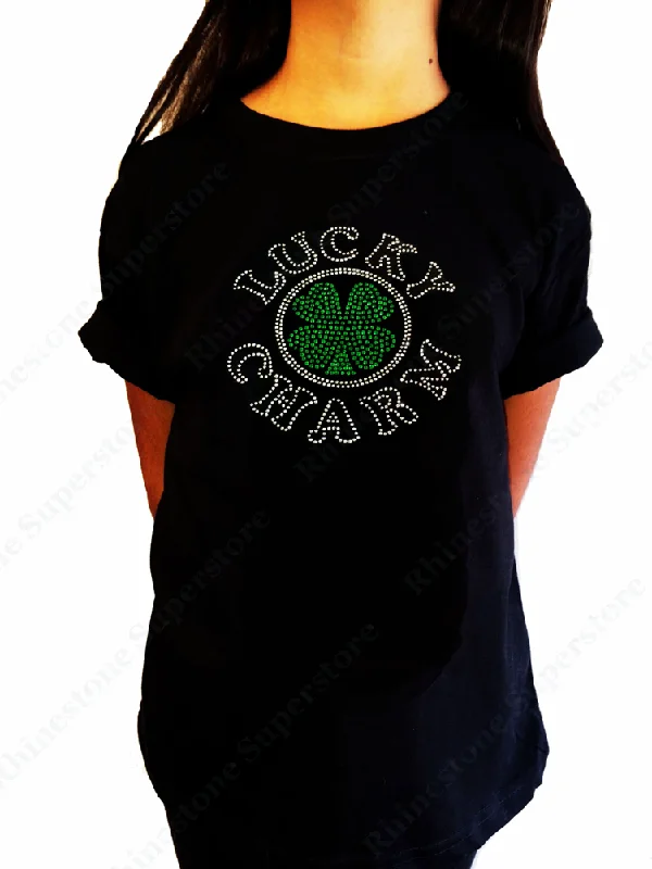 Girls Rhinestone T-Shirt " Lucky Charm " Size 3 to 14 Available Saint Patrick's Day, 4 Leaf Clover