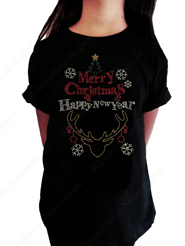 Girls Rhinestone T-Shirt " Merry Christmas and Happy New Year in Rhinestones " Kids Size 3 to 14 Available