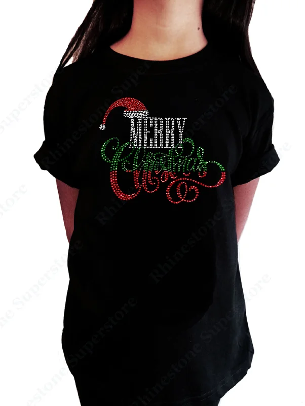 Girls Rhinestone T-Shirt " Merry Christmas with Santa Hat in Rhinestones " Kids Size 3 to 14 Available