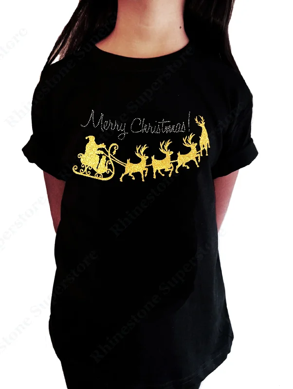 Girls Rhinestone T-Shirt " Merry Christmas with Yellow Santa Sleigh in Glitters and Rhinestones " Kids Size 3 to 14 Available