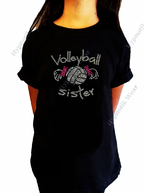 Girls Rhinestone T-Shirt Volleyball Sister w/ Pigtails - Sizes 3 to 14 Available