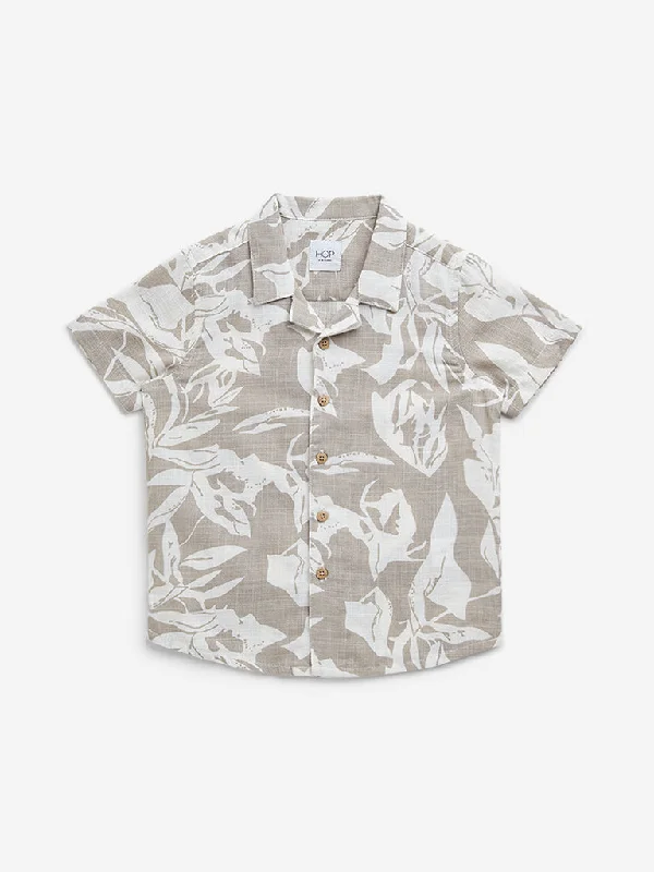 HOP Kids Taupe Floral Design Resort-Fit Cotton Shirt