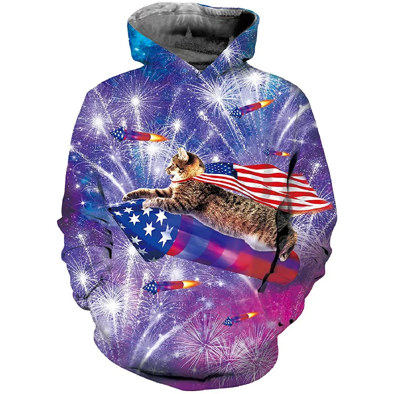 Cat Rocket American Flag Funny HoodieMesh-Lined Hoodies