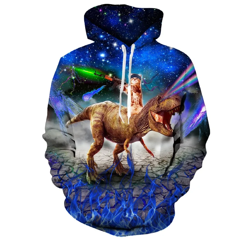 Blue Galaxy Gun Cat Riding Dinosaur Funny HoodieStudded Sweatshirts