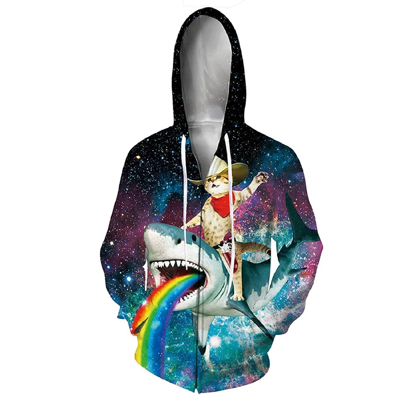 Cat Riding Shark Zip Funny HoodieReversible Hoodies