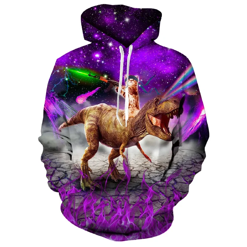 Cat Riding Dinosaur Purple Funny HoodieHemp Sweatshirts