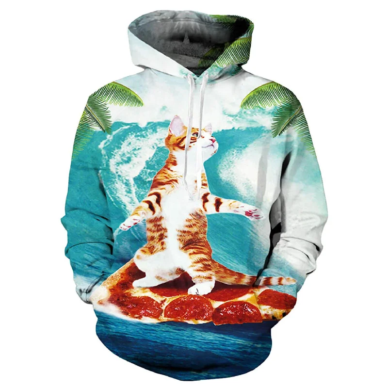 Cat Surfing Pizza Funny HoodieHemp Sweatshirts