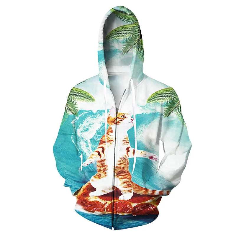 Cat Surfing on Pizza Zip Funny HoodieWindbreaker Sweatshirts