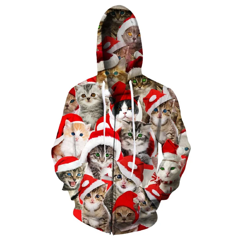 Christmas Hat Kitties Funny Zip Up HoodieLayered Sweatshirts