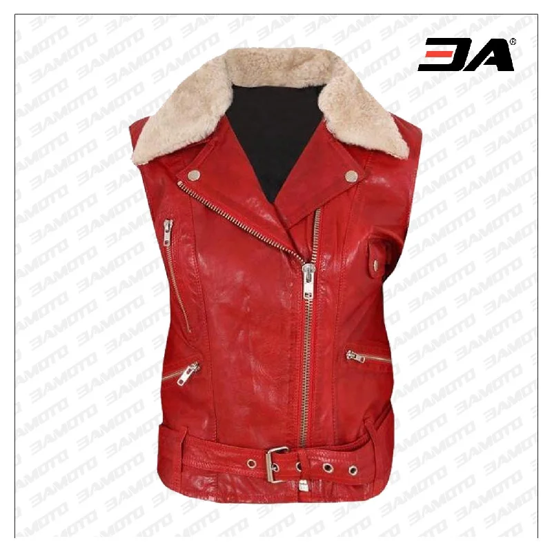 Contrast White Fur Collar Biker Leather Vest