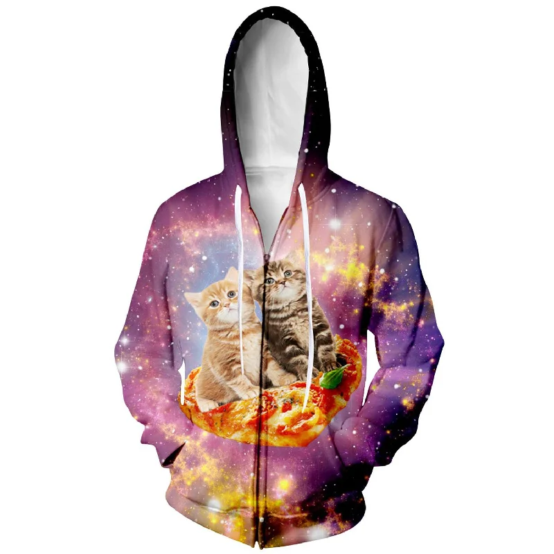 Couple Kitties on Pizza Funny Zip Up HoodieKangaroo Pocket Sweatshirts