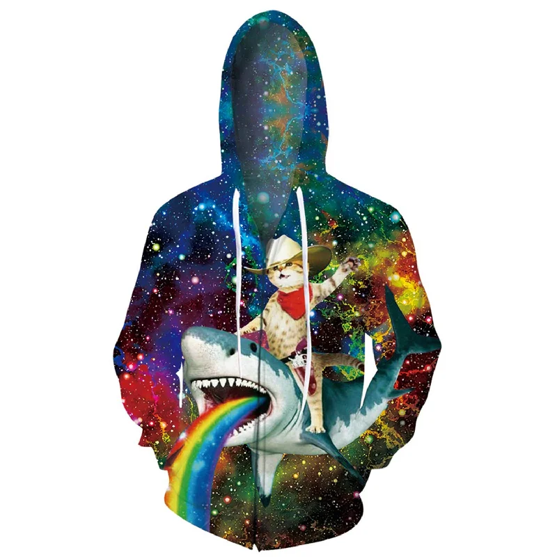 Cowboy Cat Riding Rainbow Shark Funny Zip HoodieThermal Hoodies