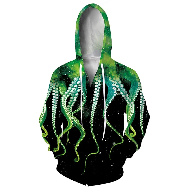 Green Octopus Funny Zip Up HoodieTasseled Sweatshirts