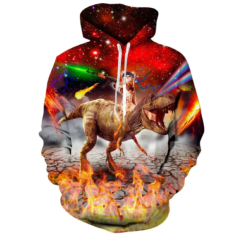 Red Galaxy Gun Cat Riding Dinosaur Funny HoodieCollaborative Sweatshirts