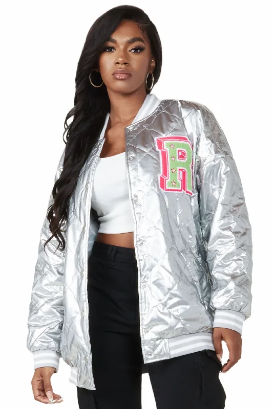 Women's designer topsEliana Silver Oversized Varsity Jacket